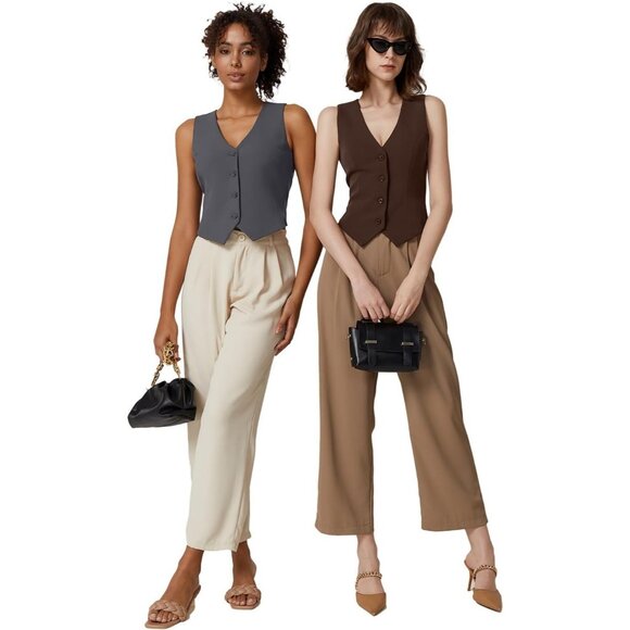 Women's Coffee Bean V Neck Vest Top Sleeveless Button Down Lined Solid Crop Tops - Picture 6 of 6